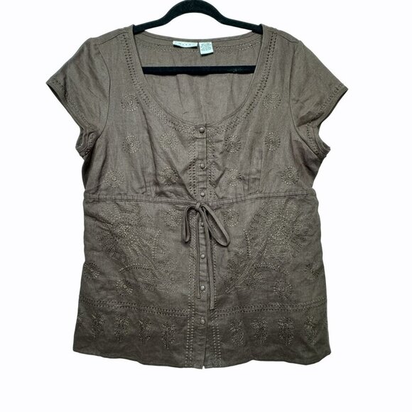 Tweeds 100% Linen Floral Embroidered Brown Button-Front Short Sleeve Blouse Sz L - Picture 1 of 5